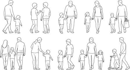 Obraz premium Vector line art set of parents children adults and grandparents walking together.