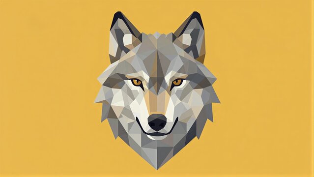 Geometric wolf face with sharp eyes, set against a warm yellow background.