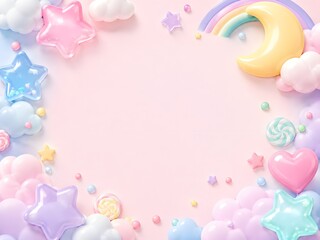 月と星と雲を飾ったパステルカラーのゆめかわ3Dフレーム背景