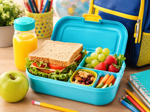 Healthy school lunch box filled with a sandwich, fresh fruits, vegetables, and juice on a wooden desk