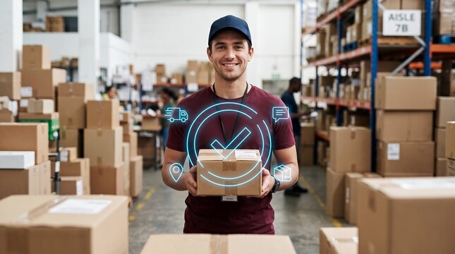 Smiling warehouse worker holding cardboard package surrounded by glowing delivery logistics icons inside a large distribution fulfillment center filled with stacked cardboard storage boxes