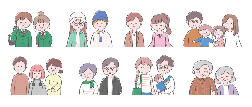 可愛い手書きのカップル・ファミリーの上半身イラストセット