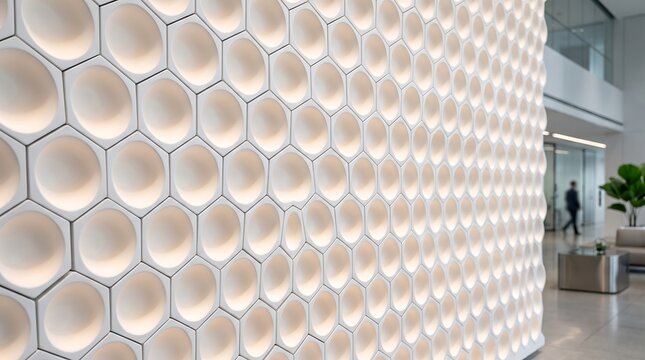 High tech minimalist 3D abstract background featuring tightly packed white geometric hexagonal concave bowls with depth.