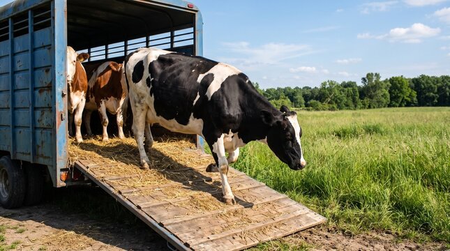 Black and white dairy cow exiting a livestock trailer onto a green pasture