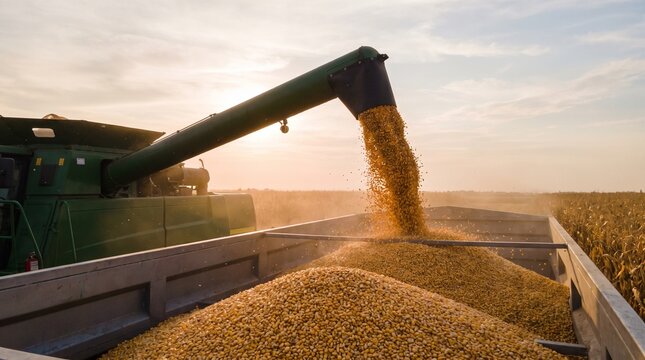 Combine harvester unloading freshly harvested corn into a trailer during golden hour
