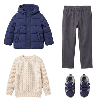 Boy's warm winter outfit: navy puffer jacket, gray pants, cream cable knit sweater, navy velcro shoes.