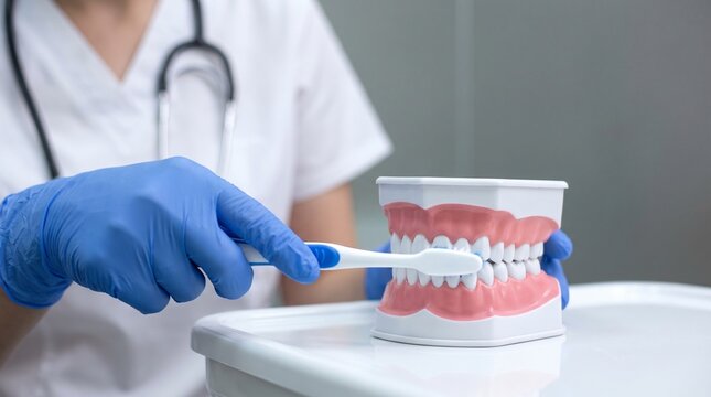 Professional dentist demonstrating correct tooth brushing technique on a dental model