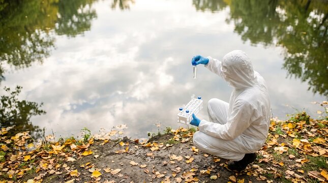 Environmental scientist in protective suit collecting water samples from lake