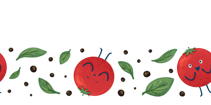 Seamless watercolor border featuring red cherry tomatoes and basil leaves. The elements are hand drawn in a cartoon style, suitable for packaging, greeting cards and textiles.