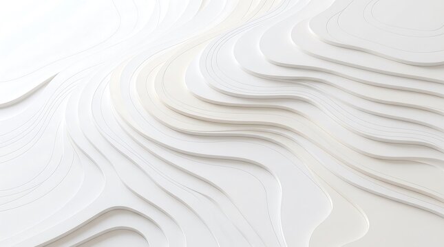Abstract background of smooth white, overlapping geometric layers with gentle topographical contour lines