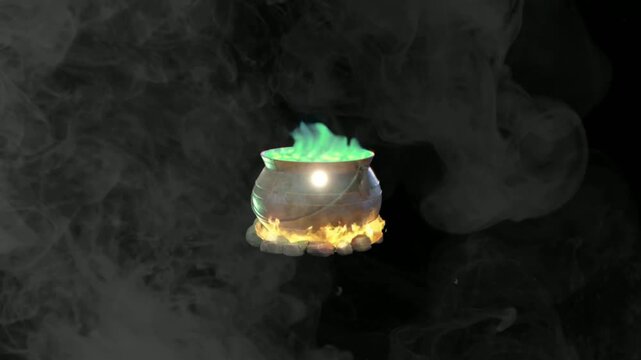 Magical Witch Cauldron with Green Potion and Fire on Black Background
