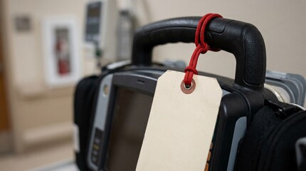 Fototapeta premium Defibrillator Inspection Tag Resting beside the Unit on a Crash Cart Shelf – Defibrillator Safety Inspection Tag, Hospital Equipment Stock Photo