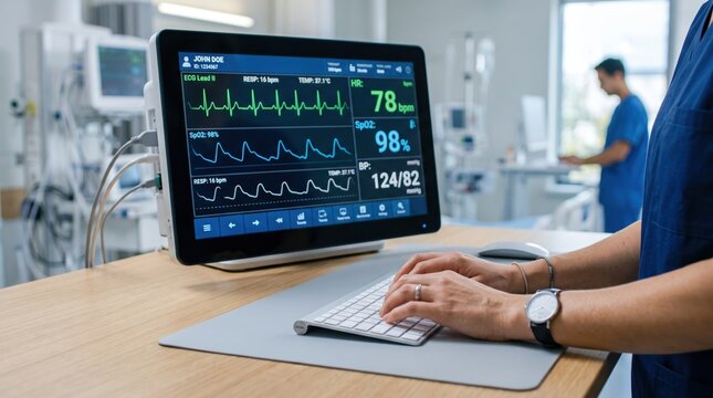Close up of medical monitor screen displaying ECG waveform, heart rate, SpO2, and blood pressure readings in an intensive care unit, with nurse typing on keyboard in foreground