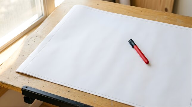 Blank blueprint paper with red marker on a wooden drafting table