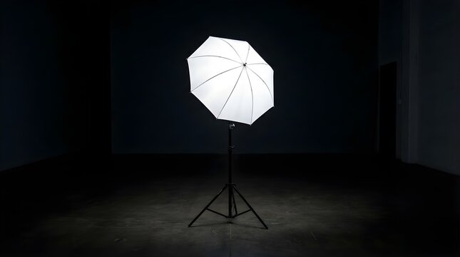 Bright white photography umbrella light stand in dark studio background