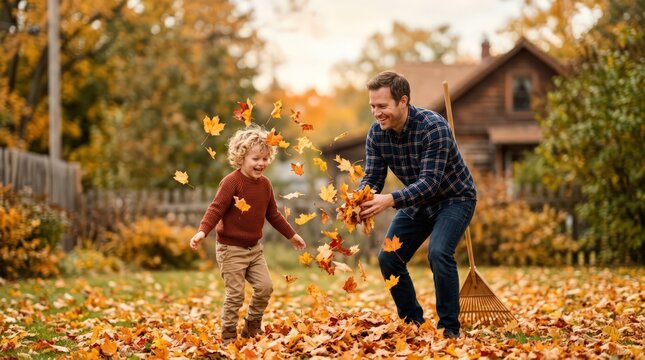 Happy Father and Son Playing with Autumn Leaves in the Backyard