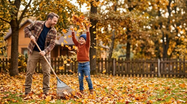 Father and son raking and playing with autumn leaves in the backyard