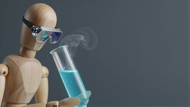 Wooden figure in goggles holds smoking test tube, blue liquid inside.