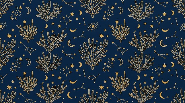 Seamless pattern with golden coral and celestial stars on dark blue