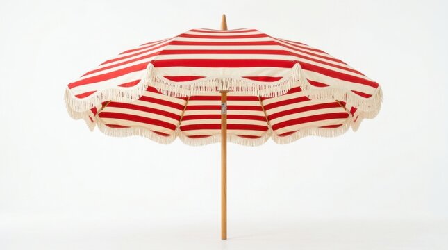 Red and white striped beach umbrella isolated on white background.