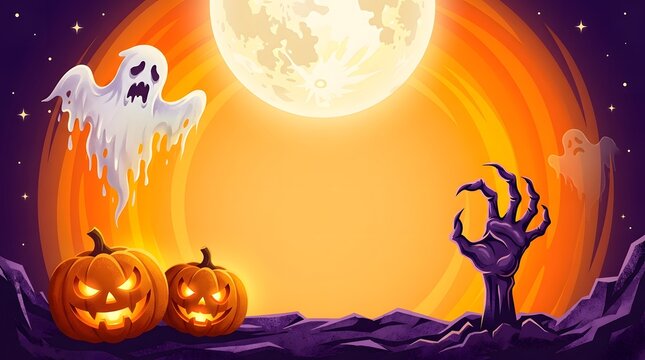Vibrant orange Halloween banner featuring a big bright full moon, flying white ghost, scary zombie hand, and glowing jack-o'-lantern pumpkins on the ground.
