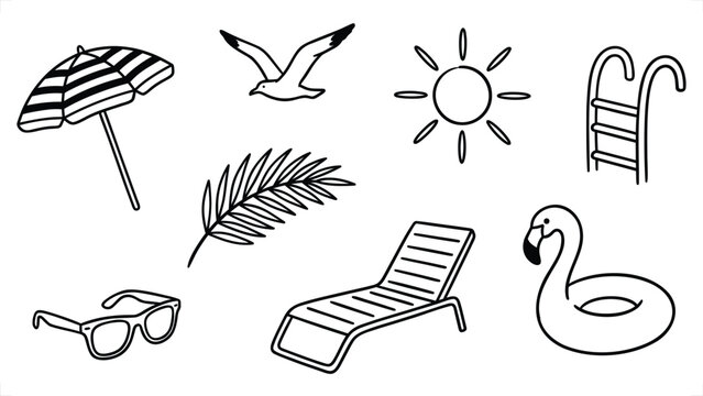 Summer vacation icons with sun chaise lounge flamingo float and umbrella in simple line vector style
