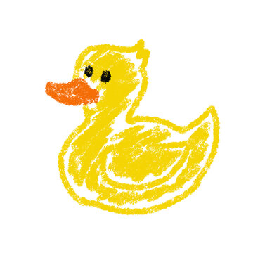 Childlike crayon drawing of a yellow rubber duck with orange beak on white background