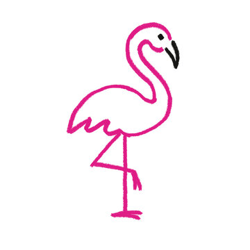 Pink flamingo outline sketch standing on one leg. Simple line art style with bold magenta strokes