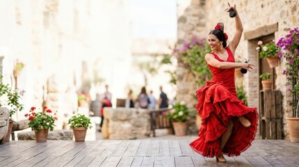 Obraz premium Spanish Woman in Red Dress Performing Flamenco Dance Outdoors with Castanets