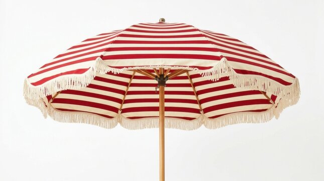 Vintage Style Red and White Striped Beach Umbrella with Fringe.