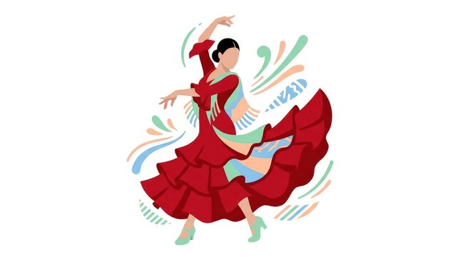 Traditional Spanish Flamenco Dancer in Red Dress Flat Illustration