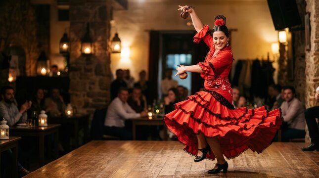 Spanish flamenco dancer in red dress performing with castanets