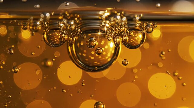 Macro of golden bubbles in amber liquid.