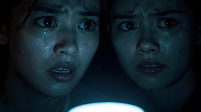 Close up portrait of two scared young women crying in the dark.