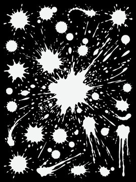 White ink splash and splatter collection on black background
