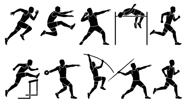 Set of track and field athlete silhouettes in action, decathlon  Sportsman vector illustration