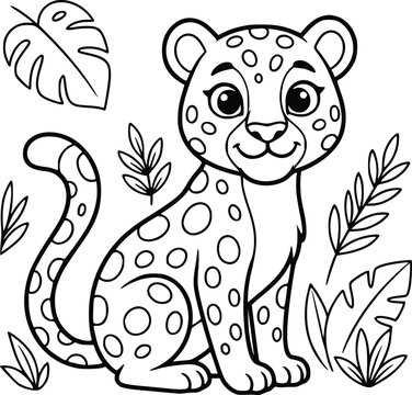 Cute leopard coloring page for kids, cartoon baby jaguar vector illustration, spotted wild cat in jungle with tropical leaves, black and white outline
