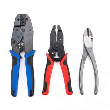 Generic solar PV MC4 cable ratchet crimping and wire stripper tool kit isolated on white.