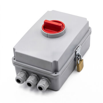 Generic waterproof high-voltage DC solar array rotary isolator disconnect switch isolated on white.