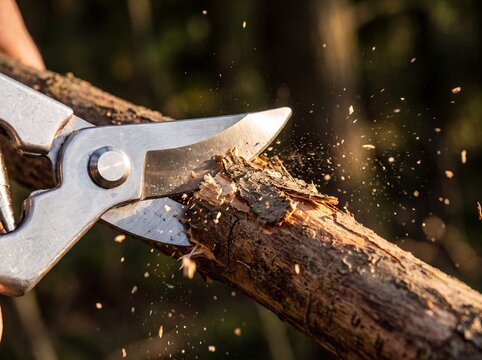 Close-up of pruning shears cutting a thick tree branch, sawdust flying, symbolizing gardening and nature maintenance