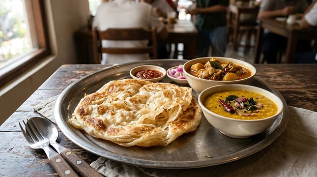 Traditional Indian Parotta with Curry and Dal