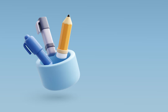 3D Vector Stationery holder containing a pencil and pens, Represents writing, Office supplies, Education, Creativity, Productivity and Workspace organization concept.