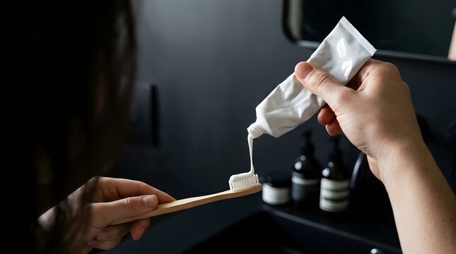 Close-up of person squeezing white toothpaste from aluminum tube onto eco-friendly wooden toothbrush