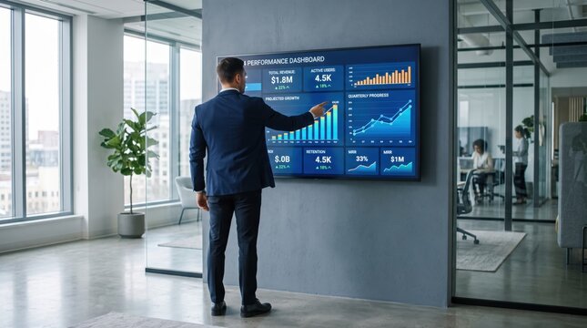 Man in suit presenting quarterly progress and revenue growth on large wall mounted digital display screen showing performance dashboard with bar charts and line graphs