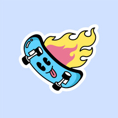 A fun and energetic vector illustration of a cute skateboard character with a playful face, sticking its tongue out. The skateboard is surrounded by vibrant flames, creating a 'speed' and 'extreme' vi © Wehan