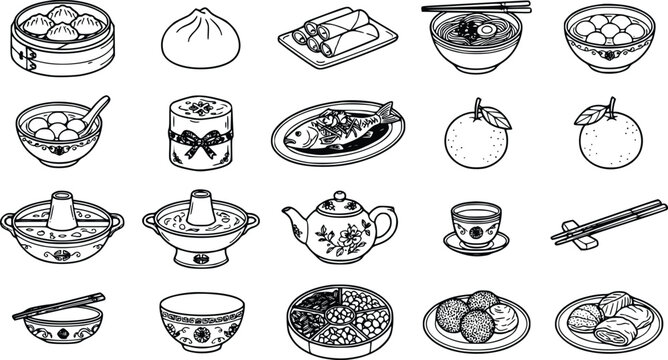 Chinese food icons set, traditional lunar new year cuisine illustrations, black and white dim sum and noodle vector line art, 20 EPS elements