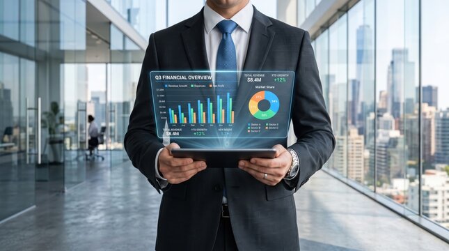 Corporate executive holding tablet projecting Q3 financial overview hologram with bar charts and pie graphs against panoramic city skyline backdrop, symbolizing global business