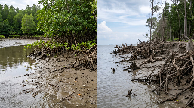 Mangrove shoreline erosion comparison showing exposed roots and sediment loss, useful for coastal conservation, ESG reporting, environmental research, and climate adaptation campaigns.