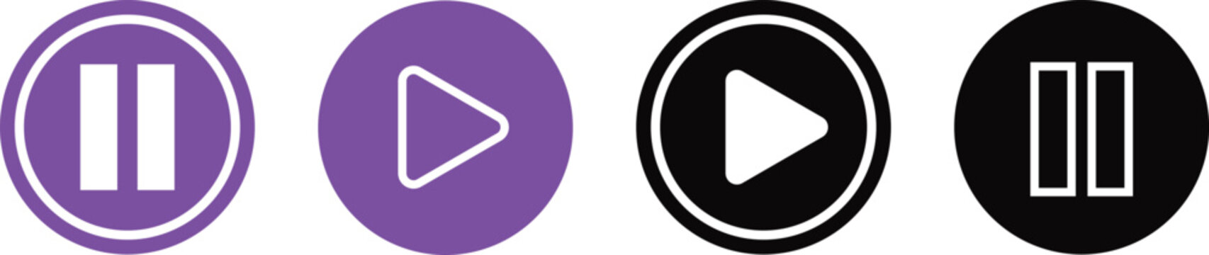 Set of play and pause media control buttons icons in purple and black circle design