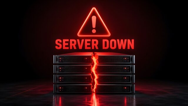 3D Render of a Server Rack Breaking Down with Neon Warning Sign and Server Down Text Symbolizing Network Outage and Cybersecurity Failure